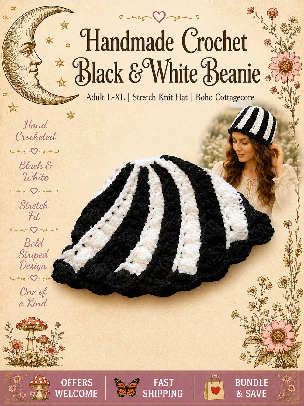 Handmade Black & White Crochet Beanie Adult XL Stretch Knit Hat Boho Cottagecore